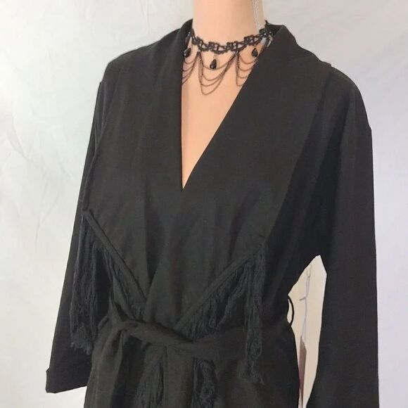 Y2K Black Western Chic Front Fringe Waterfall Belted Midi Jacket Small NWT - Picture 9 of 17